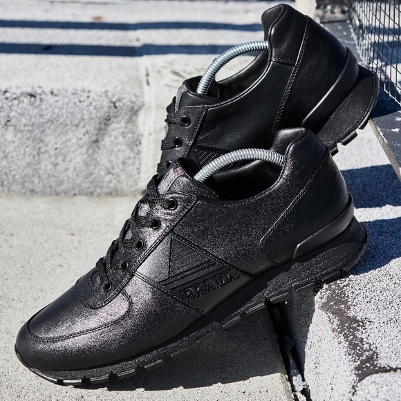 Prada Vitello Plume Leather Runner. Black, Mens Sz. 9 - Picture 1 of 9